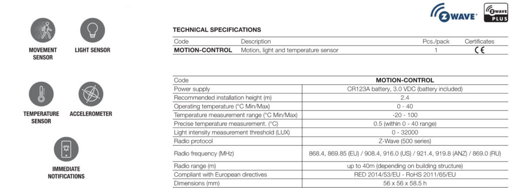 Yubii Motion Sensor Specs