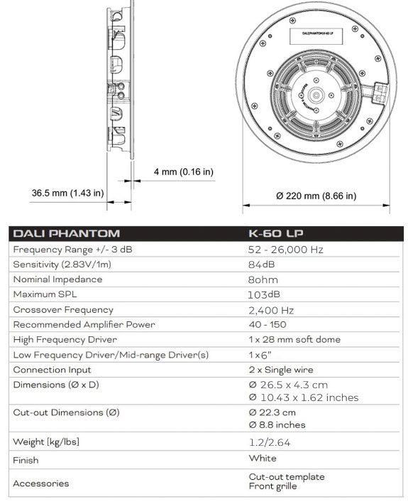 Dali Phantom K-60LP In-ceiling Speaker Specs