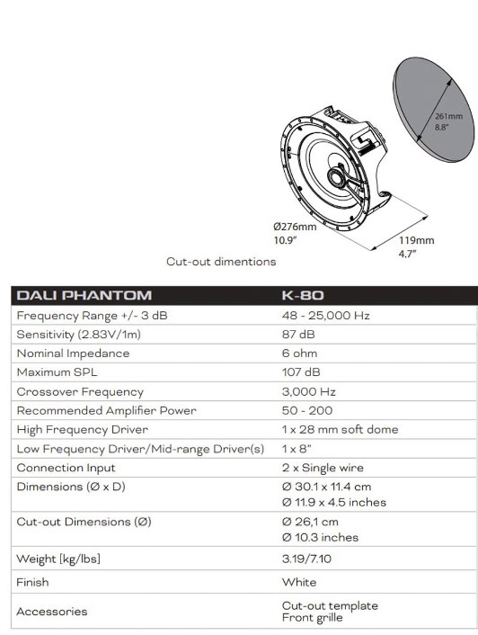 Dali Phantom K-80 In-ceiling Speaker Specs