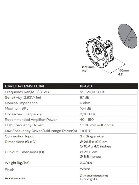 Dali Phantom K-60 In-ceiling Speaker Specs