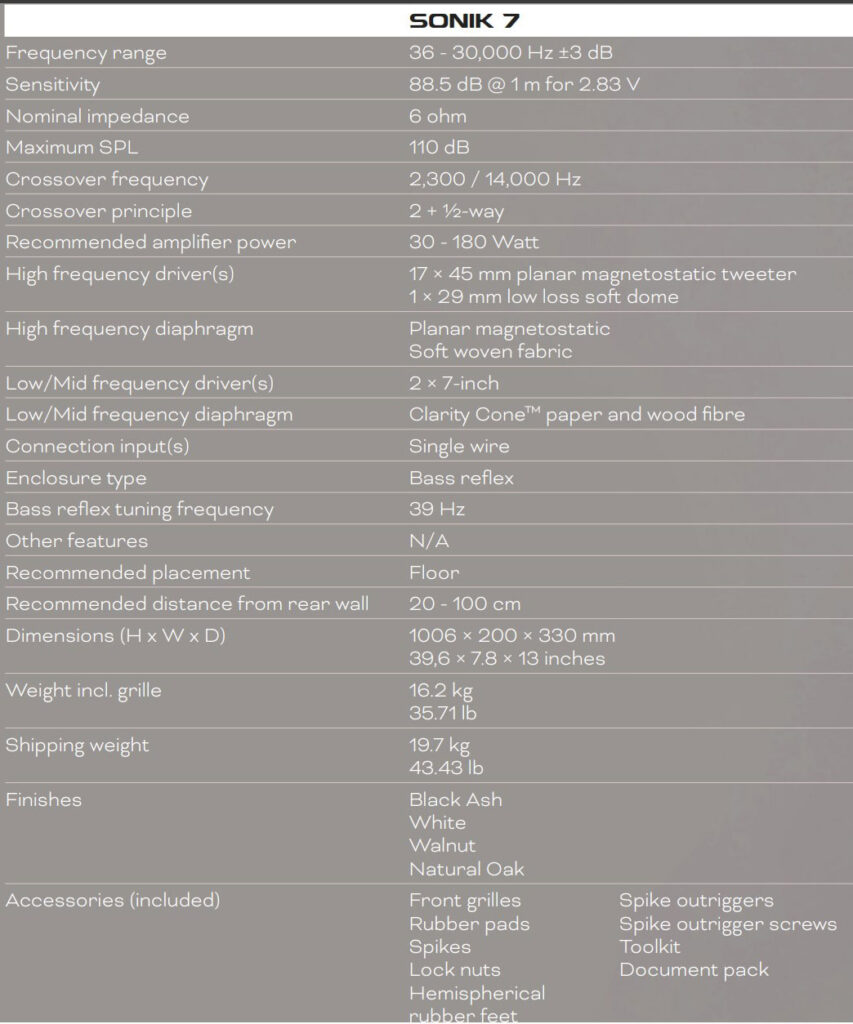 Dali Sonik 7 Specs